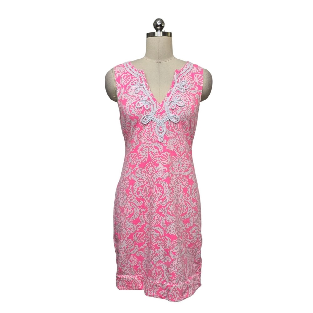 Lilly Pulitzer Pink White Seashell Paisley Soutache French Terry Shift Dress S